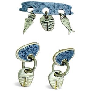Tribal Mask Gold Silver Brooch and Post Earrings Set Pewter Brass Ethnic Unique